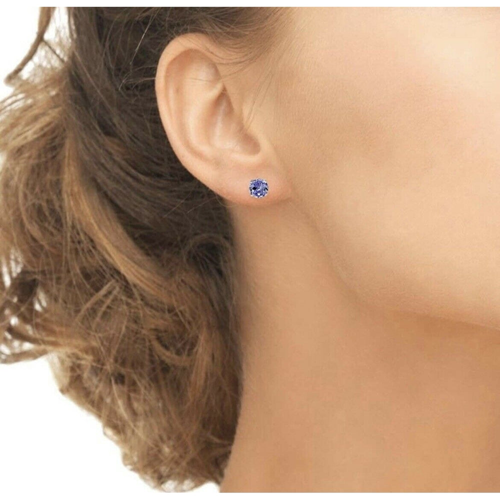 925 SOLID STERLING SILVER 2.00CT GENUINE TANZANITE ROUND STUD EARRINGS WOMEN AND MEN Image 2