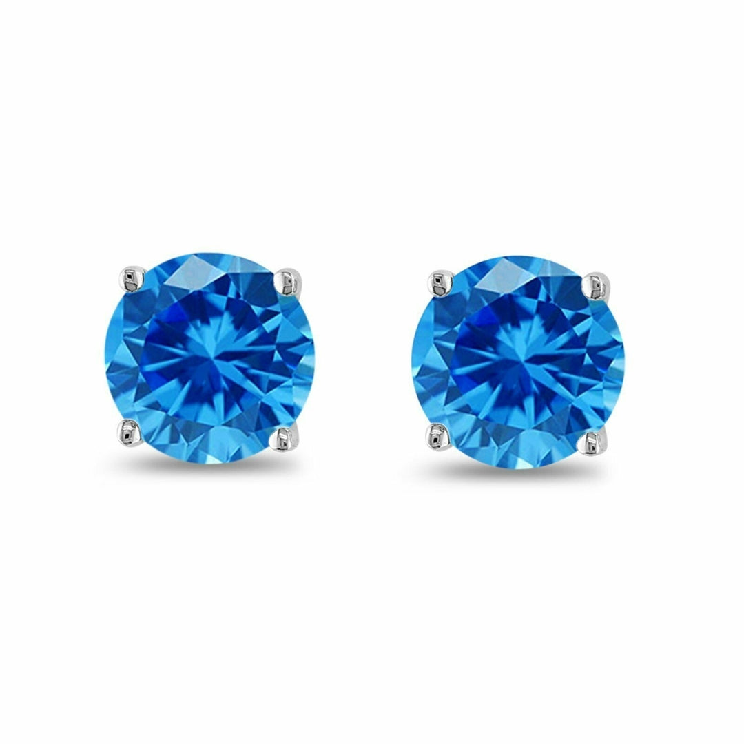 December Birthstone Blue Topaz 925 Sterling Silver Round CZ Stud Earring 2pc Image 1