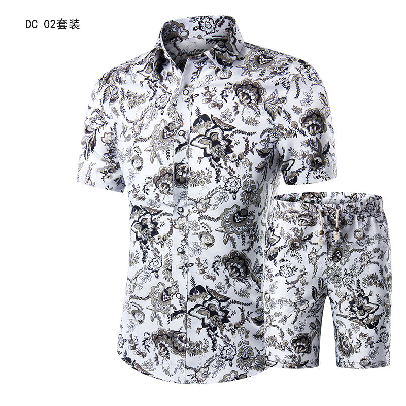 Men 2 Piece Print Tracksuit Summer Casual Outfit Hawaiian Short Sleeve Beach Shirts And Shorts Set Image 1
