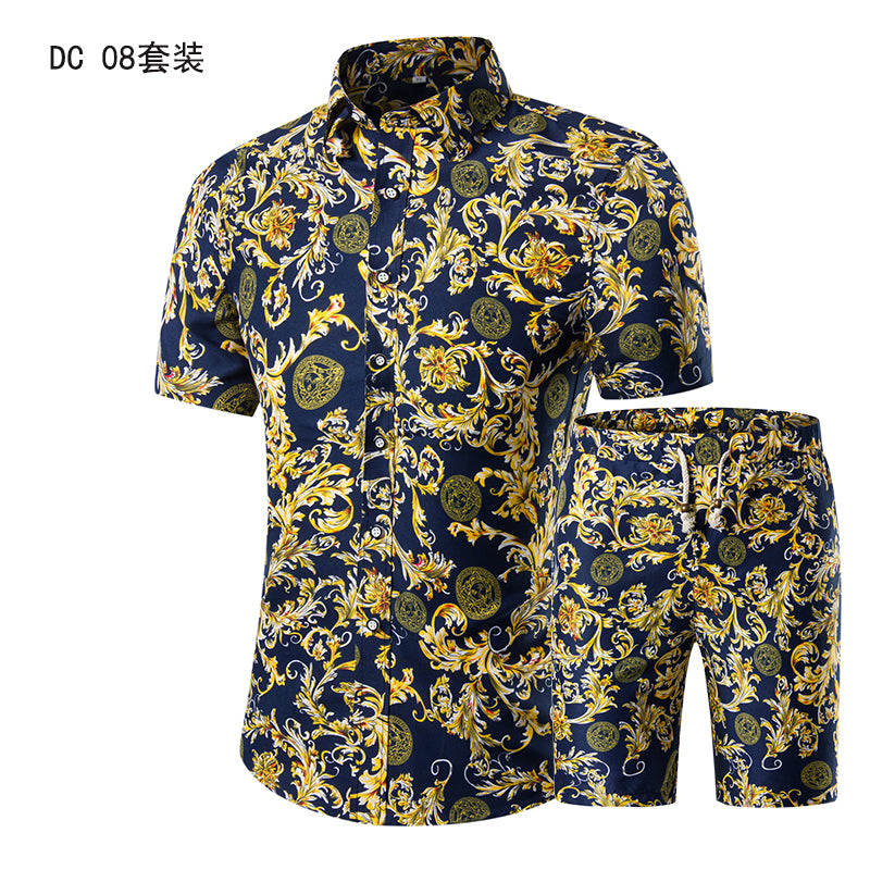 Men 2 Piece Print Tracksuit Summer Casual Outfit Hawaiian Short Sleeve Beach Shirts And Shorts Set Image 1