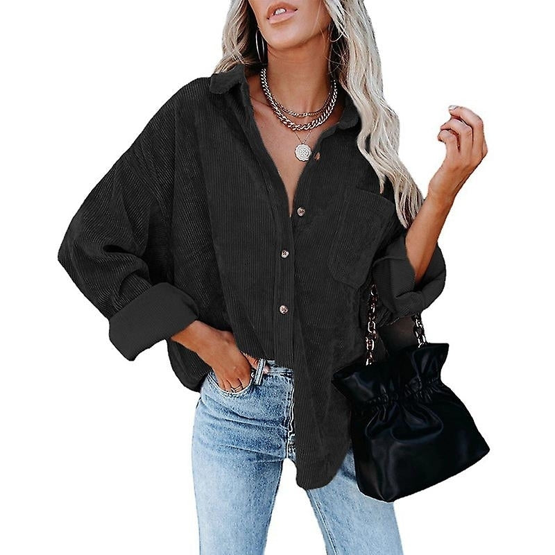 Women Long Sleeve Corduroy Shirt Button Loose Casual Oversize Jacket With Pocket Image 1