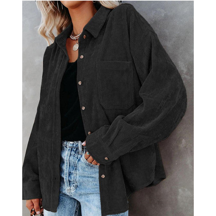 Women Long Sleeve Corduroy Shirt Button Loose Casual Oversize Jacket With Pocket Image 2