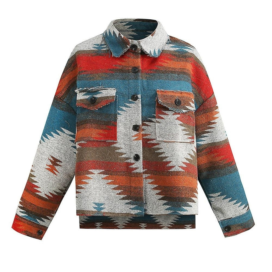Women Vintage Shirt Aztec Print Long Sleeve Jacket Button Down Lapel Loose Coat Image 1