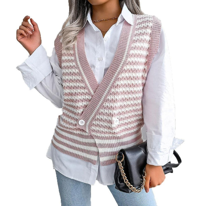 Women Striped Sweater Vest Knitted Sleeveless Casual Pullover Soft V Neck Sweater Image 1
