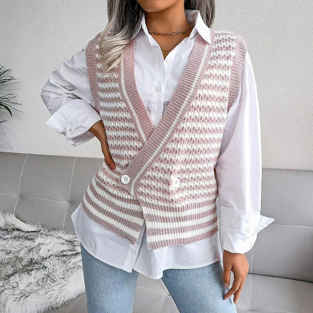 Women Striped Sweater Vest Knitted Sleeveless Casual Pullover Soft V Neck Sweater Image 2