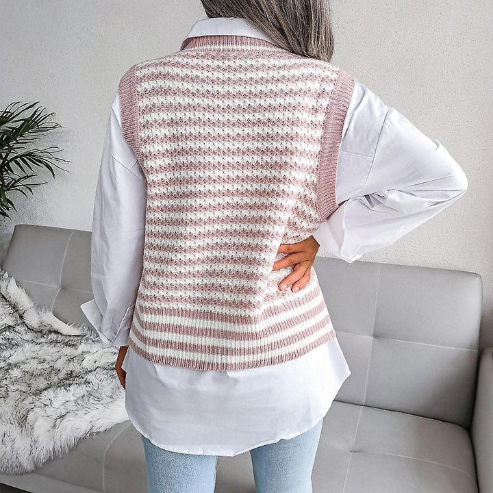 Women Striped Sweater Vest Knitted Sleeveless Casual Pullover Soft V Neck Sweater Image 3