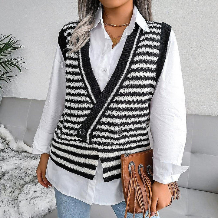 Women Striped Sweater Vest Knitted Sleeveless Casual Pullover Soft V Neck Sweater Image 4