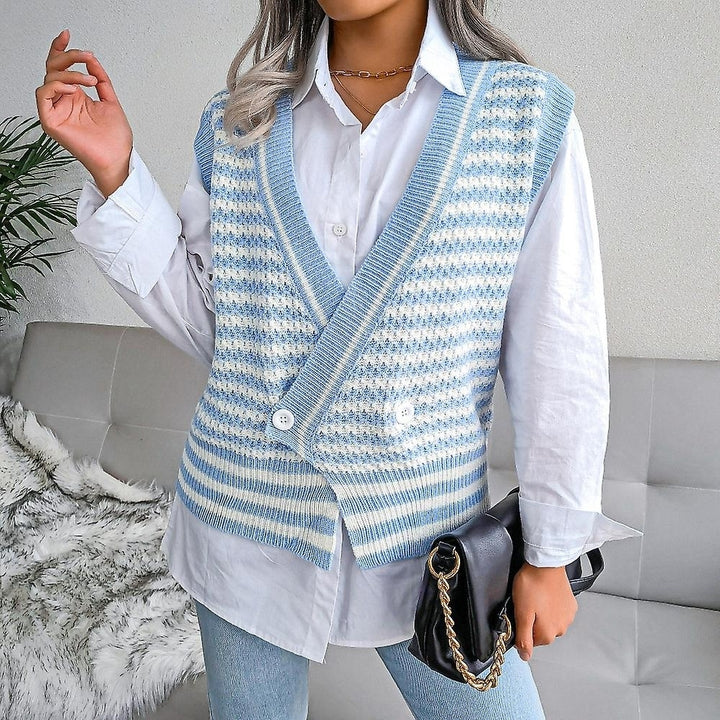 Women Striped Sweater Vest Knitted Sleeveless Casual Pullover Soft V Neck Sweater Image 1