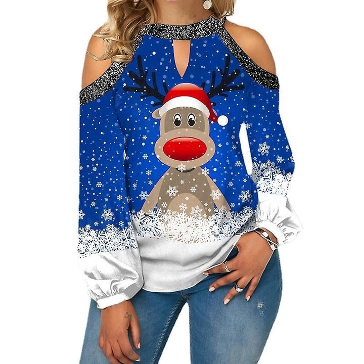 Ladies Christmas Elk Printed Top Long Sleeve Sequin Off The Shoulder T Shirt Image 3