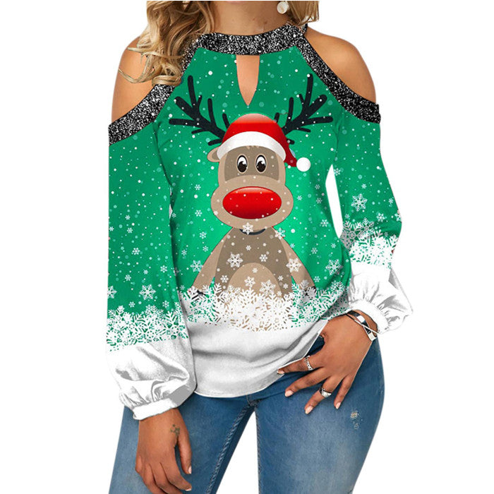 Ladies Christmas Elk Printed Top Long Sleeve Sequin Off The Shoulder T Shirt Image 4