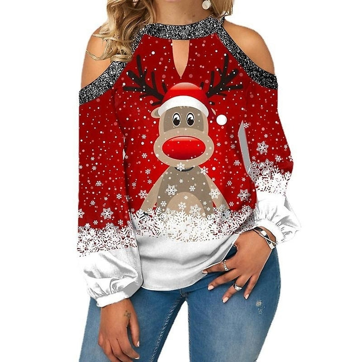 Ladies Christmas Elk Printed Top Long Sleeve Sequin Off The Shoulder T Shirt Image 1
