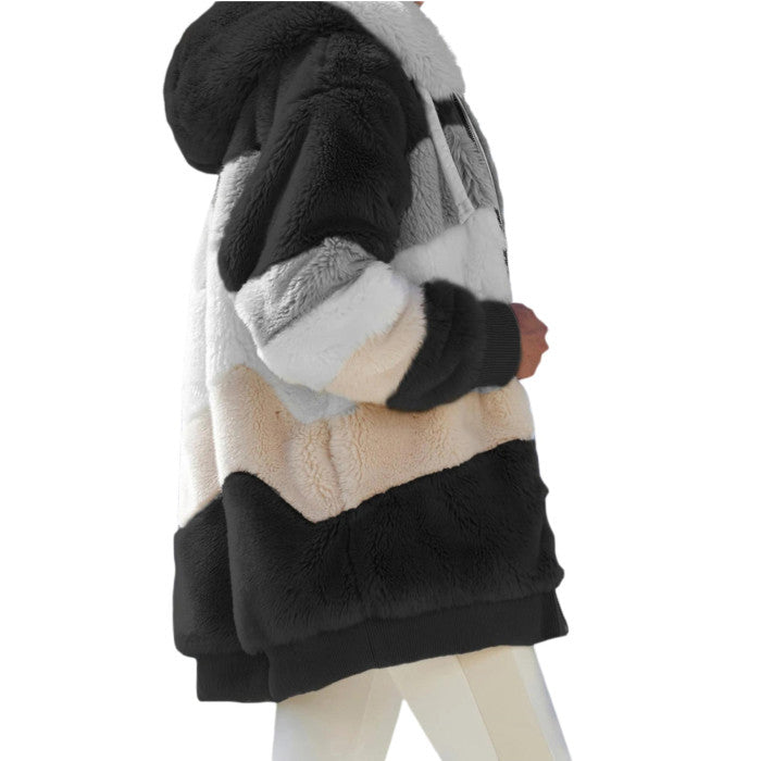 Women Winter Plush Hooded Coat Long Sleeve Zip Up Thick Cardigan Warm Loose Jacket Image 2