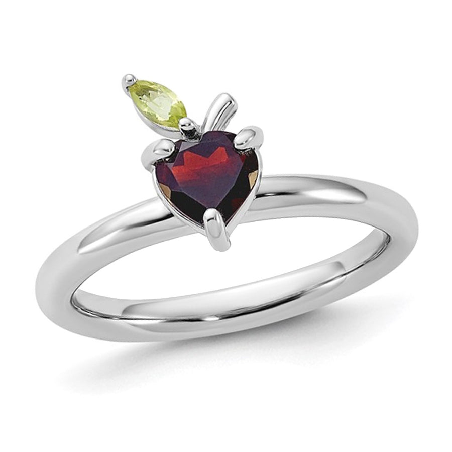1.00 Carat (ctw) Natural Garnet Heart Ring in Sterling Silver with Peridot Image 1