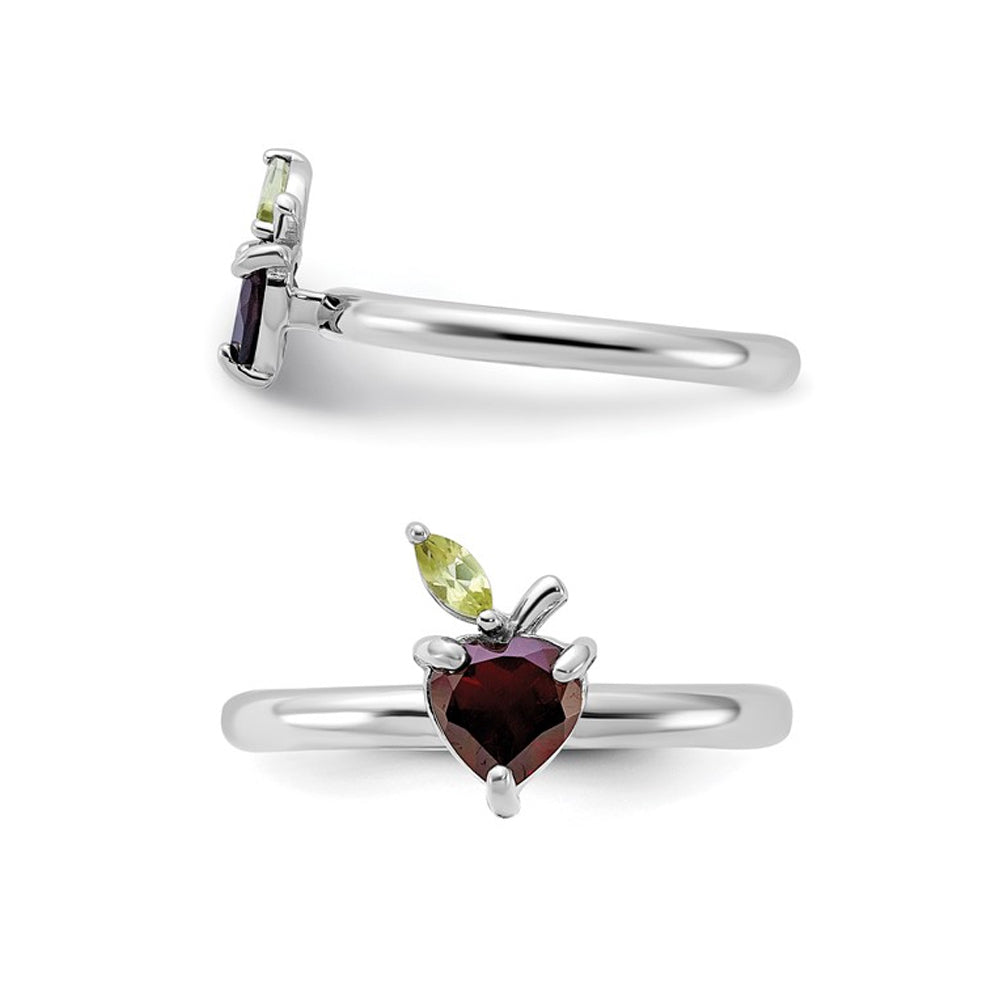 1.00 Carat (ctw) Natural Garnet Heart Ring in Sterling Silver with Peridot Image 2
