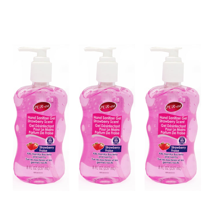 Hand Sanitizer Gel 70 Ethyl Alcohol (237 ml Pk Of 3))Strawberry Scented Based Instant Liquid Kills 99.9 of Germs Image 1