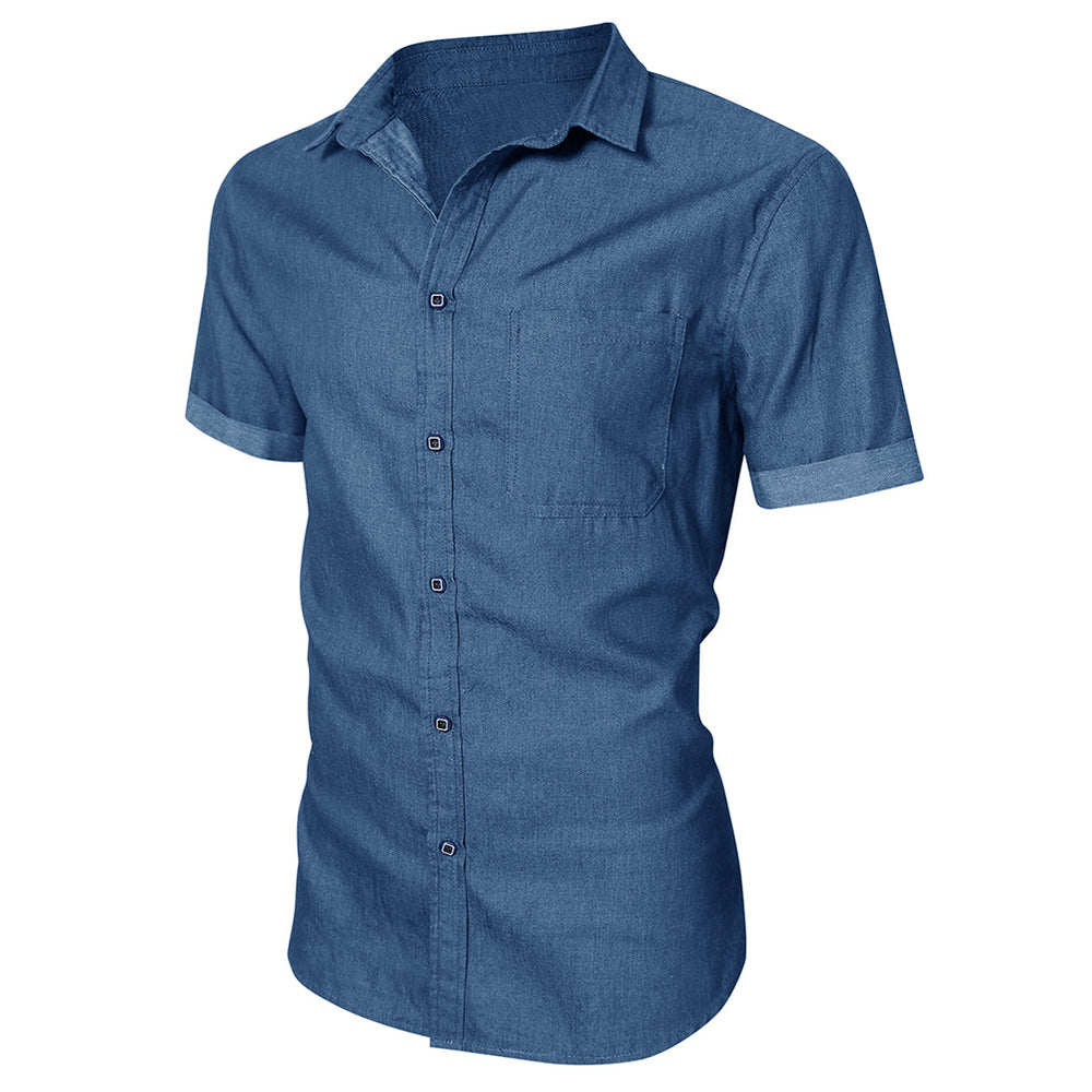 Men Shirt Summer Short Sleeve Solid Color Casual Denim Shirts Slim Fit Single Breasted Button Up Shirt Men Image 2