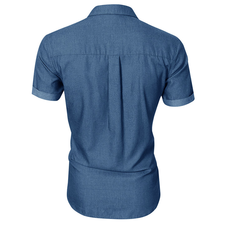 Men Shirt Summer Short Sleeve Solid Color Casual Denim Shirts Slim Fit Single Breasted Button Up Shirt Men Image 3