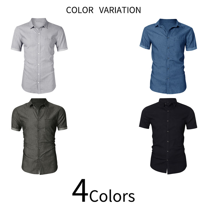 Men Shirt Summer Short Sleeve Solid Color Casual Denim Shirts Slim Fit Single Breasted Button Up Shirt Men Image 4