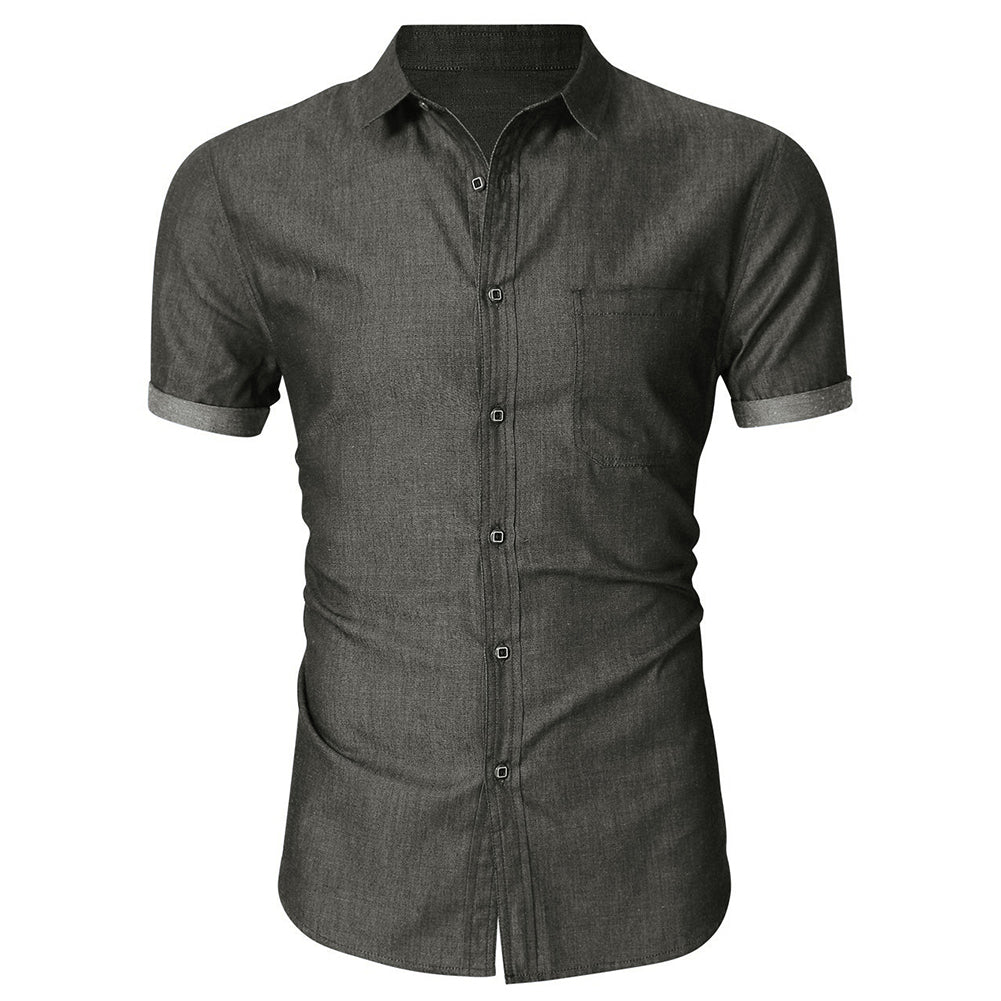 Men Shirt Summer Short Sleeve Solid Color Casual Denim Shirts Slim Fit Single Breasted Button Up Shirt Men Image 1
