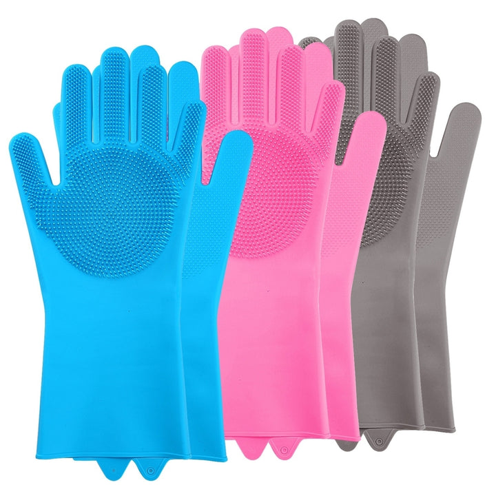 Magic Silicone Cleaning Gloves Pet Scrubber Heat Resistant 1 Pair Pink Blue Gray Image 1