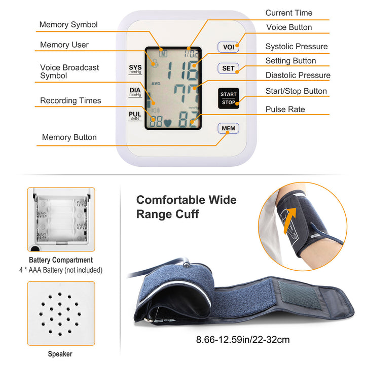 Arm Blood Pressure Monitor Adjustable Cuff 8.7-12.6in Voice Broadcast 2 Users Image 3