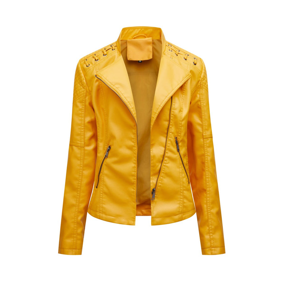 Women Leather Jacket Fashion Spring Autumn Solid Color Motorcycle PU Faux Leather Coat Slim Fit Patchwork Zipper Image 1