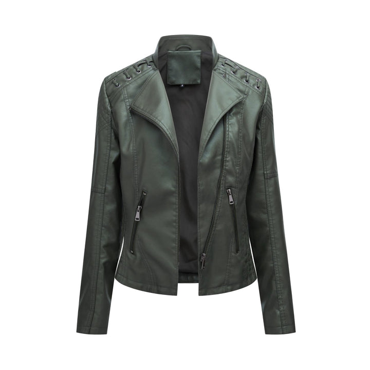 Women Leather Jacket Fashion Spring Autumn Solid Color Motorcycle PU Faux Leather Coat Slim Fit Patchwork Zipper Image 4