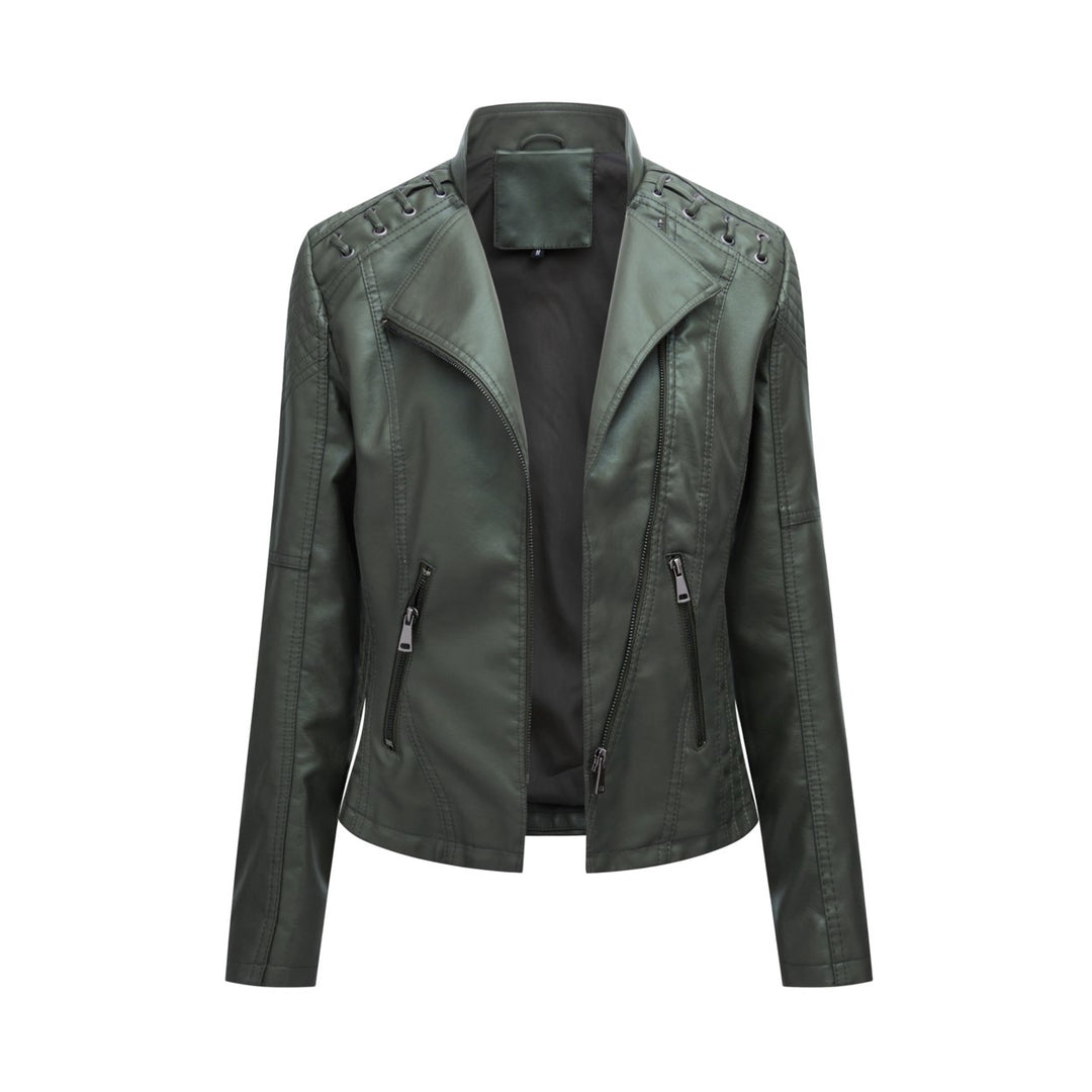 Women Leather Jacket Fashion Spring Autumn Solid Color Motorcycle PU Faux Leather Coat Slim Fit Patchwork Zipper Image 1