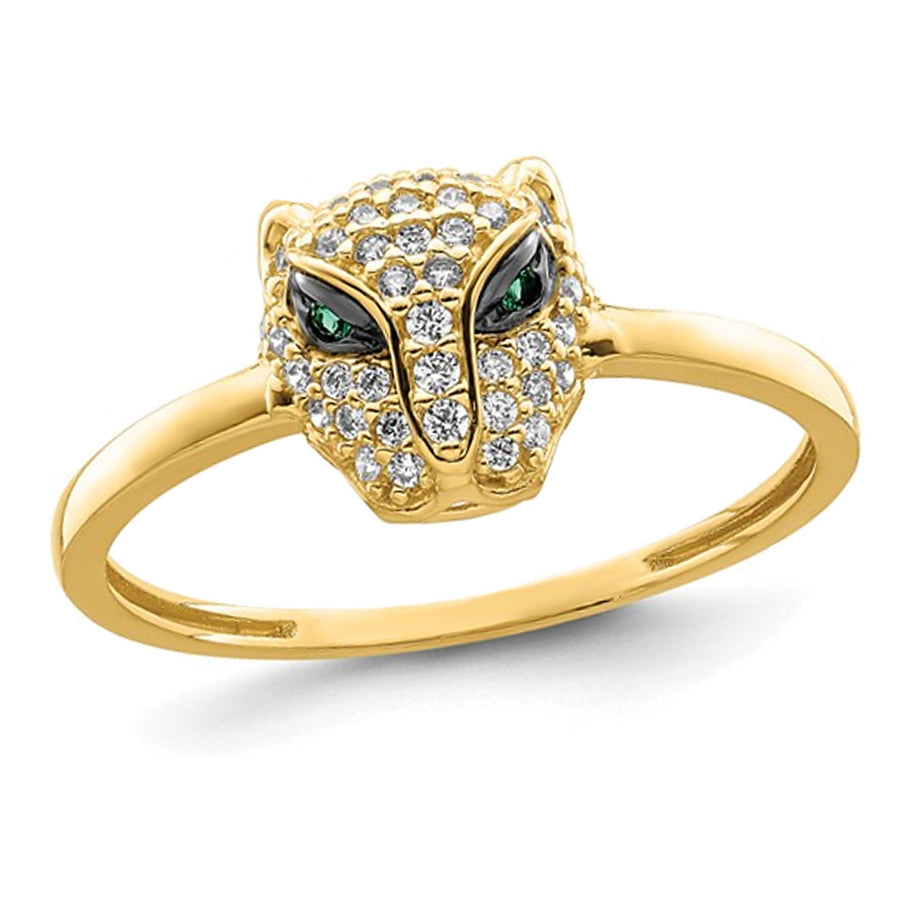 14K Yellow Gold Lioness Head with Green and White Cubic Zirconia (CZ) Image 1