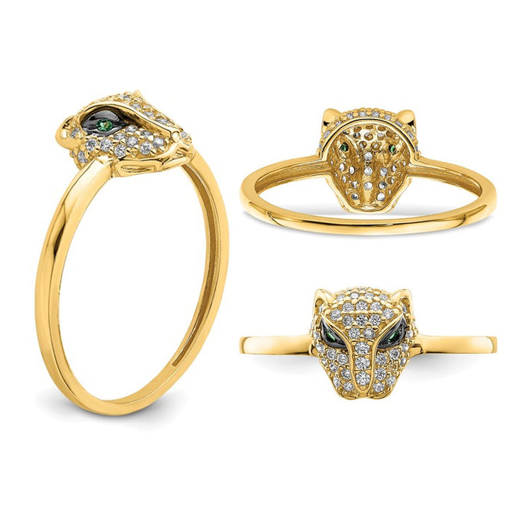 14K Yellow Gold Lioness Head with Green and White Cubic Zirconia (CZ) Image 4