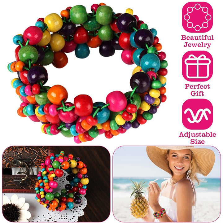 MultiColor Wooden Beaded Stretchy Bracelet Colorful Exotic Style Elastic Bracelets For Women Girls Children Image 1