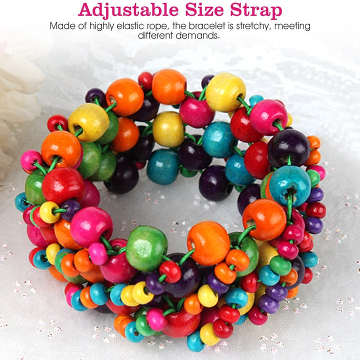 MultiColor Wooden Beaded Stretchy Bracelet Colorful Exotic Style Elastic Bracelets For Women Girls Children Image 3