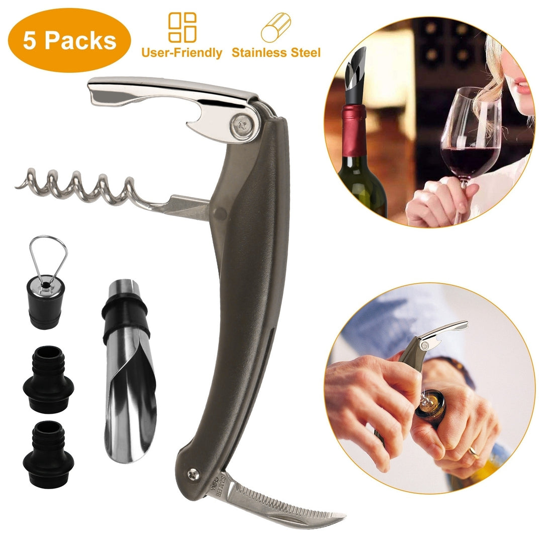 5 Pcs Stainless Steel Wine Opener Set Corkscrew Vacuum Pump Pourer Stopper Image 1