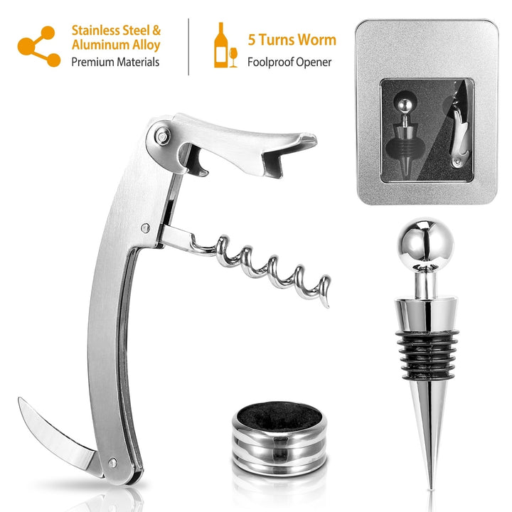 Corkscrew Bottle Opener Set 3pcs Stainless Steel Foil Cutter Drip Collar Protector Image 1