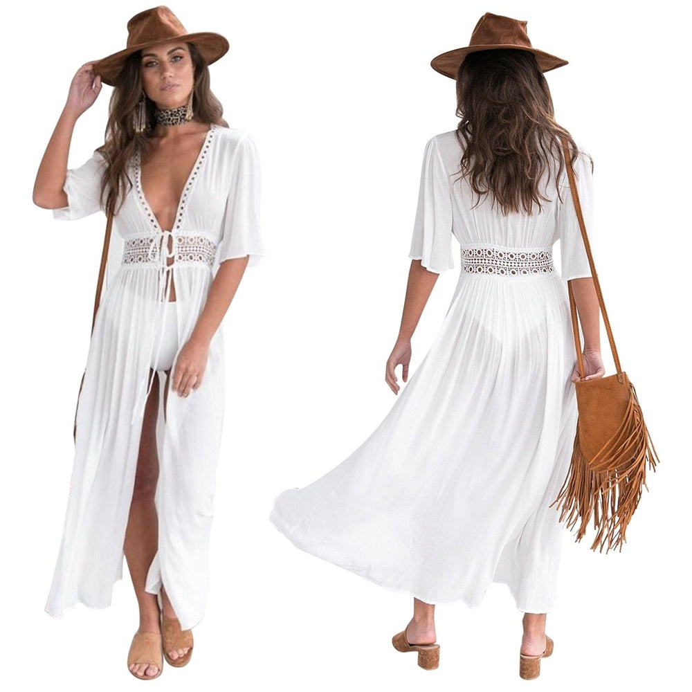 Women Lace Bathing Suit Long Sexy Bikini Swimwear Summer Cover Up Beach Dress Swimsuit with Waist Rope Image 2