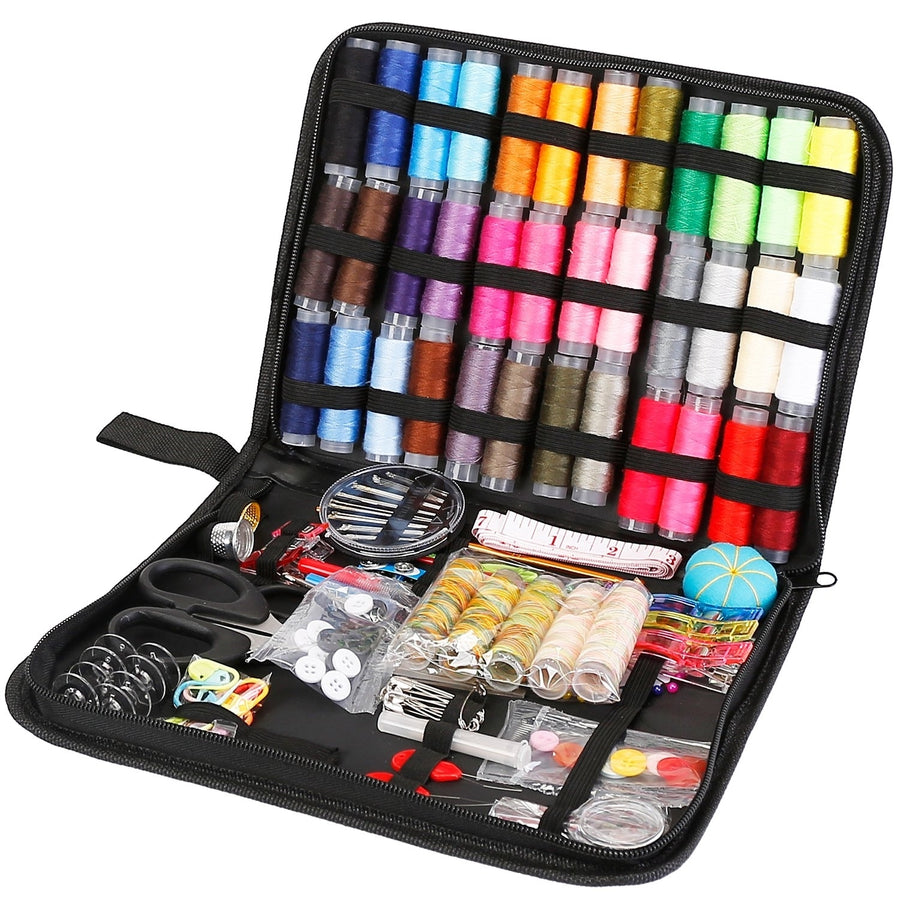 206 Pcs Travel Sewing Kit with Colorful Threads Scissors Needles Thimble Tape Measure Image 1