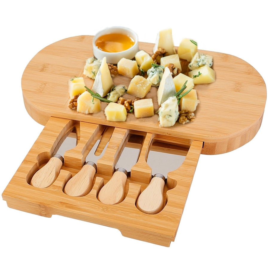 Bamboo Cheese Board with Drawer and 4 Stainless Steel Knives 13.2x7.3in Image 1