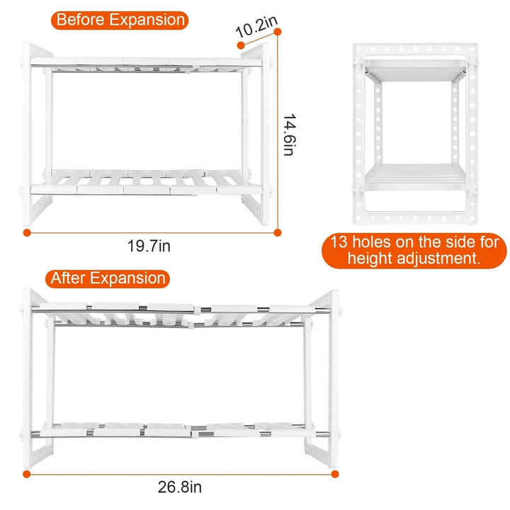 2 Tier Under Sink Organizer Stainless Steel Adjustable Storage Rack White 22LBS Max Load Image 3