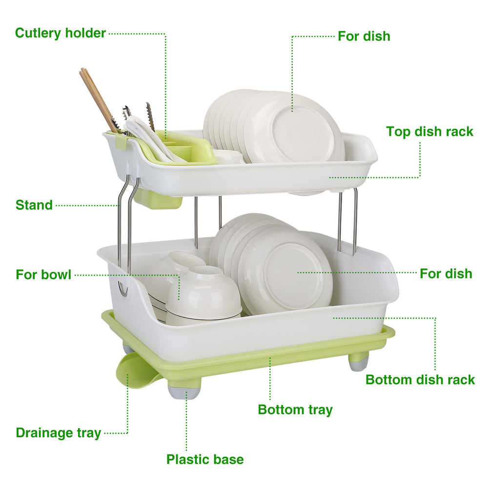 2 Tier Dish Drying Rack Stainless Steel Green and White Kitchen Organizer 16.5in Image 2