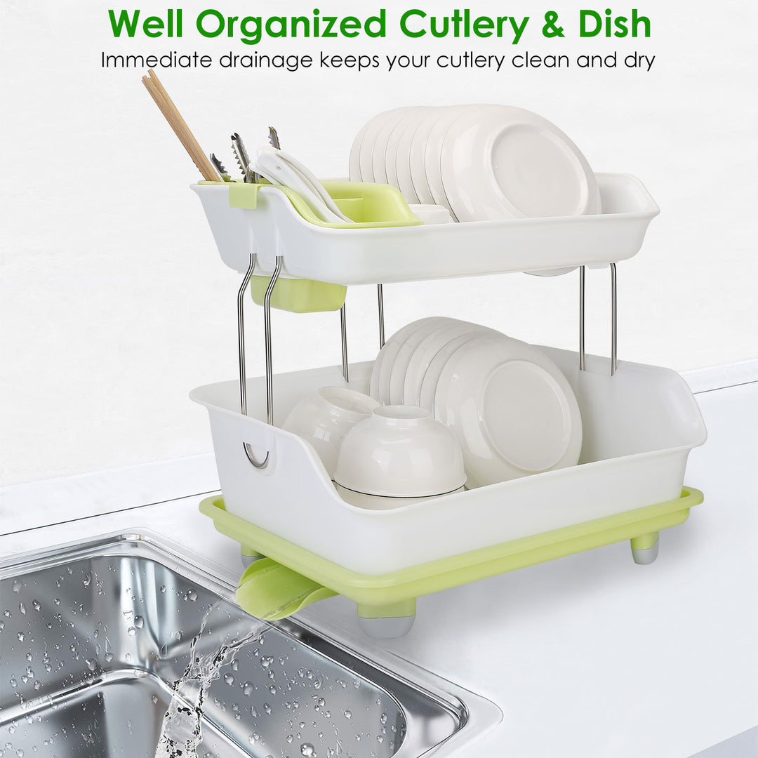 2 Tier Dish Drying Rack Stainless Steel Green and White Kitchen Organizer 16.5in Image 3