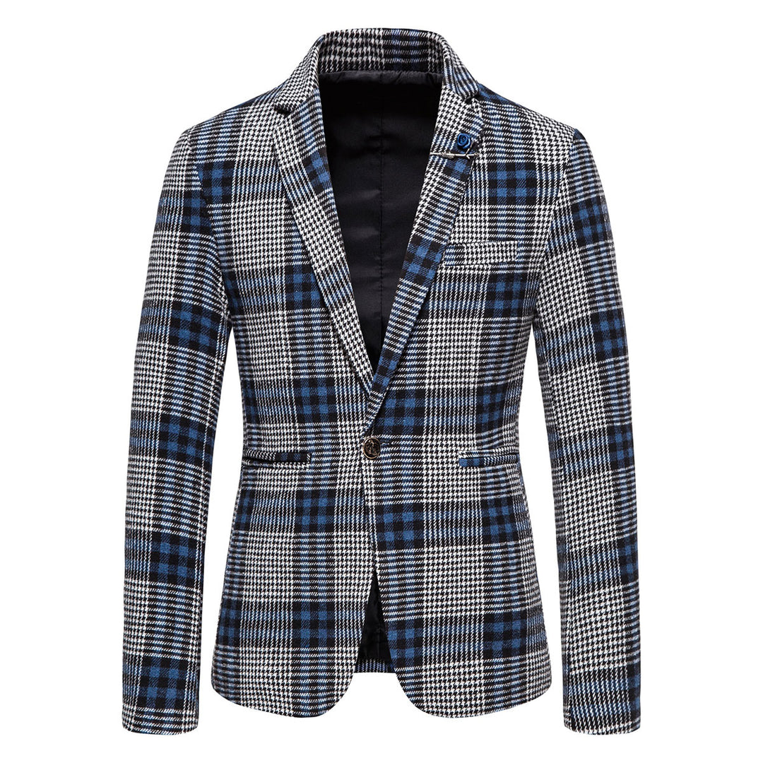 Men Dress Blazer Slim Fit Single Button Retro Houndstooth Patchwork Business Casual Plaid Blazer Jacket Image 1