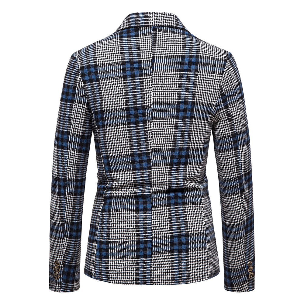 Men Dress Blazer Slim Fit Single Button Retro Houndstooth Patchwork Business Casual Plaid Blazer Jacket Image 2
