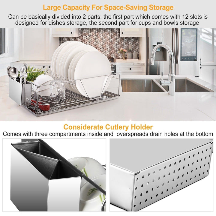 Stainless Steel Dish Drying Rack with Drainboard and Cutlery Holder Space Saver Image 3