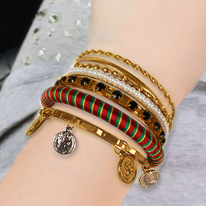 7Pcs Bohemia Burnished Gold Jewelry Bangle Bracelet Set Image 1