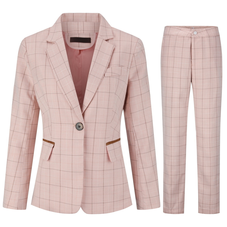 2 Pieces Women Suit Blazer And Pants Set Elegant Office Lady Summer Long Sleeve One Button Slim Plaid Fashion Business Image 1