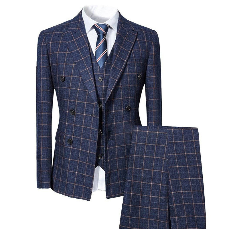 3 Pcs Men Dress Suit Retro Plaid Double Breasted Slim Fit Suits Set Business Casual Wedding Dating Jacket + Vest + Pant Image 1