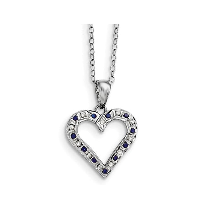 Natural Accent Blue Sapphire and Accent Diamond Heart Pendant Necklace in Sterling Silver with Chain Image 4