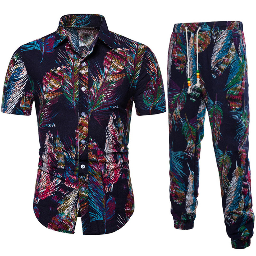 Men Tracksuit Summer 2 Pieces Set Retro Ethnic Print Patchwork Short Sleeve Lapel Button Up Shirts Sets Casual Holiday Image 1