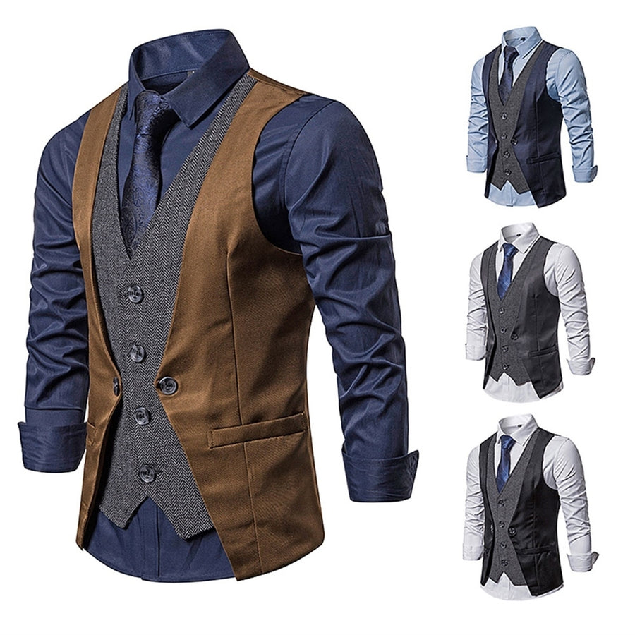 Men Dress Vest Slim Fit Wedding Groom Retro Patchwork Waistcoat Sleeveless Single Breasted Business Casual Vests Image 1