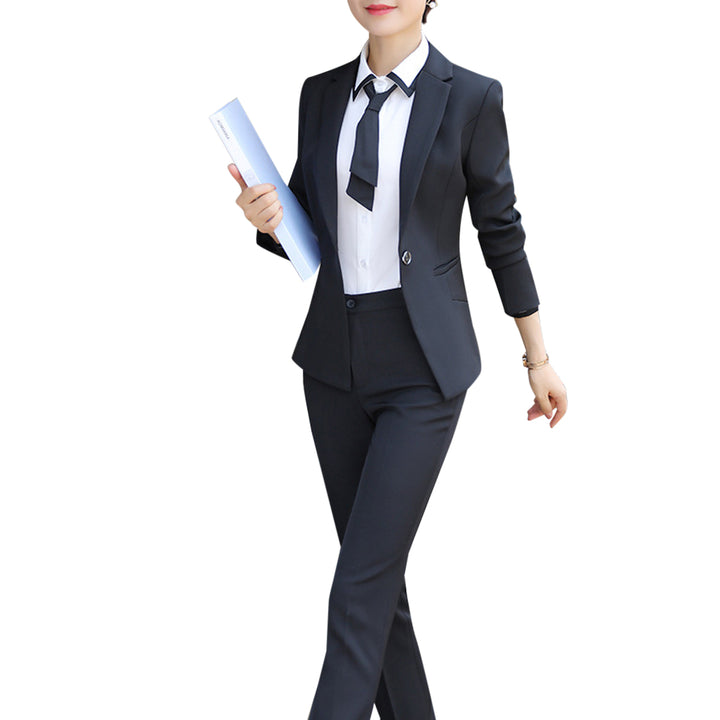Women Business Suit Two Piece Set Office Lady Solid Color Single Button Elegant Female Blazer Pants Suits Image 4